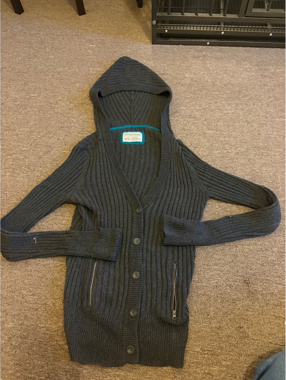 aéropostale y2k Women's Dark Gray Ribbed Hooded Cardigan XL layered